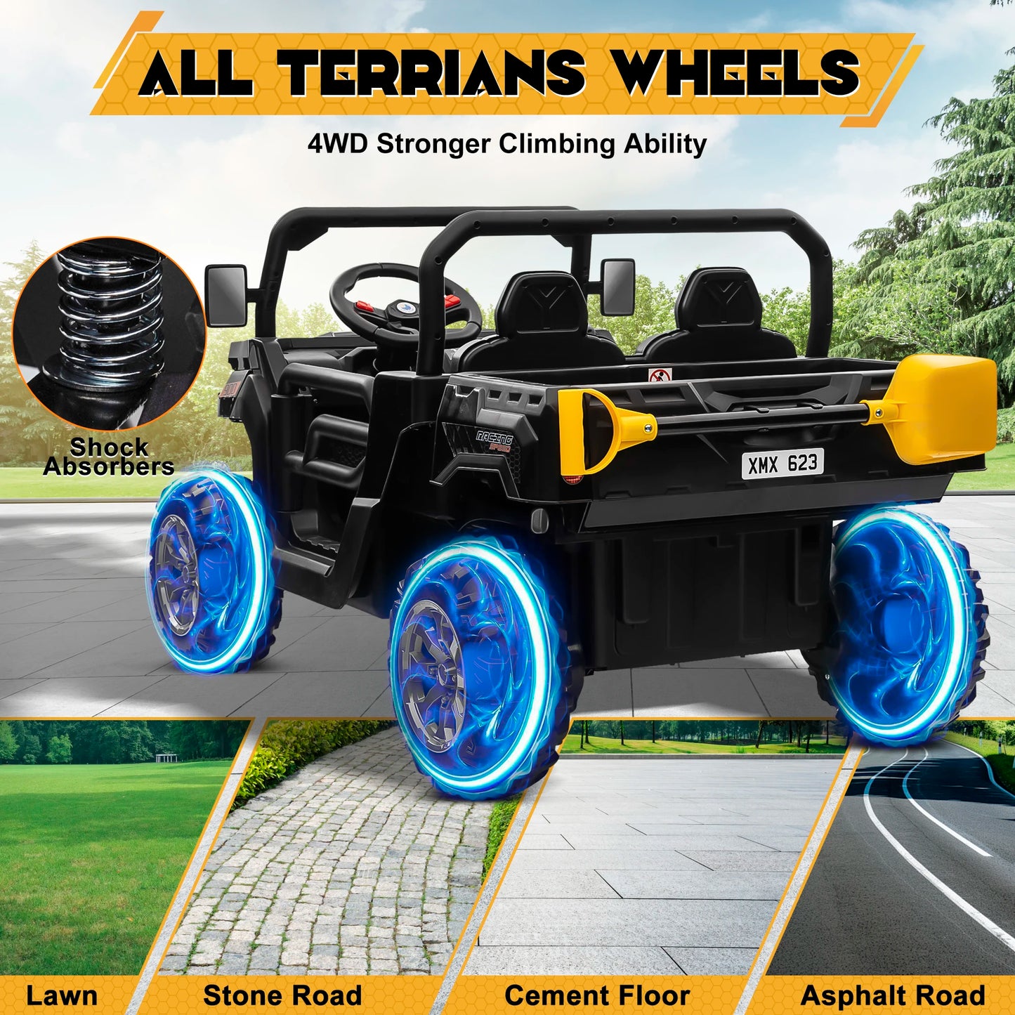 24V Ride on Dump Truck, 2 Seater Kids UTV Electric Car w/2.4G Remote Control, 4 Wheeler, Bluetooth Music, LED Lights, 24 Volt Ba