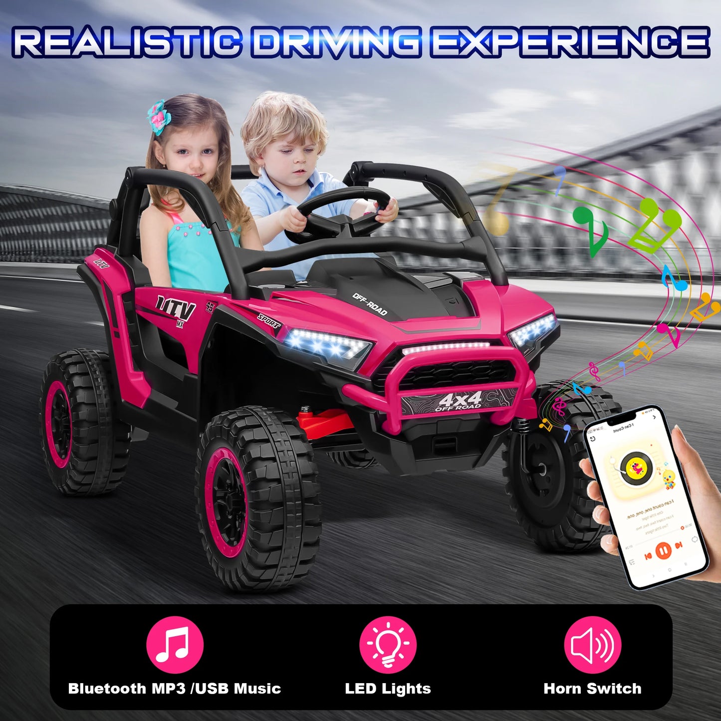 24V Ride on Car for Kids 2 Seater, 4x4 Off-Road UTV Toy w/ 3-Speed Remote Control, 4WD Powerful Motors, 18" Large Seat,