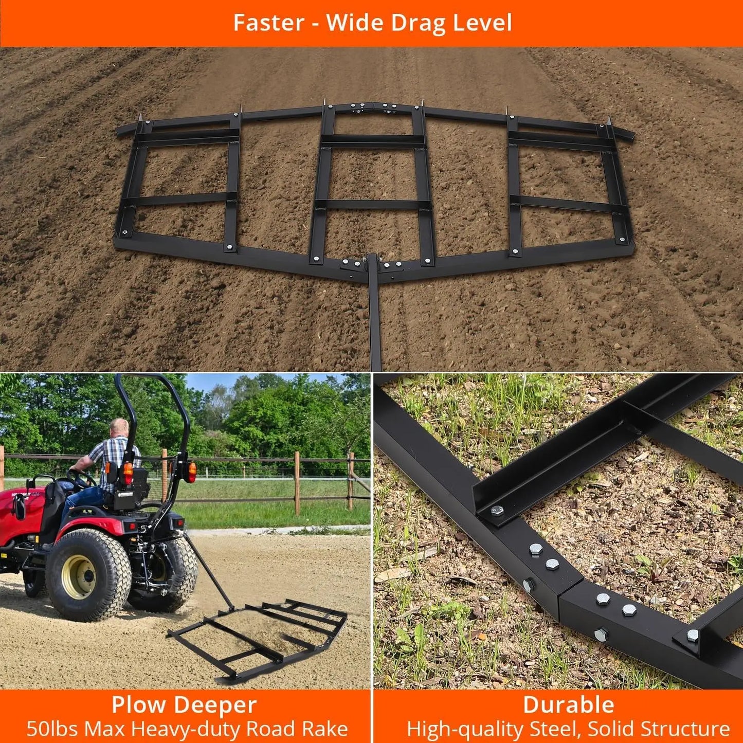 74" Width Driveway Drag Heavy Duty Steel Driveway Grader for ATV UTV Garden Lawn Tractors Topdressing Spreader Tool Wide Drag Le