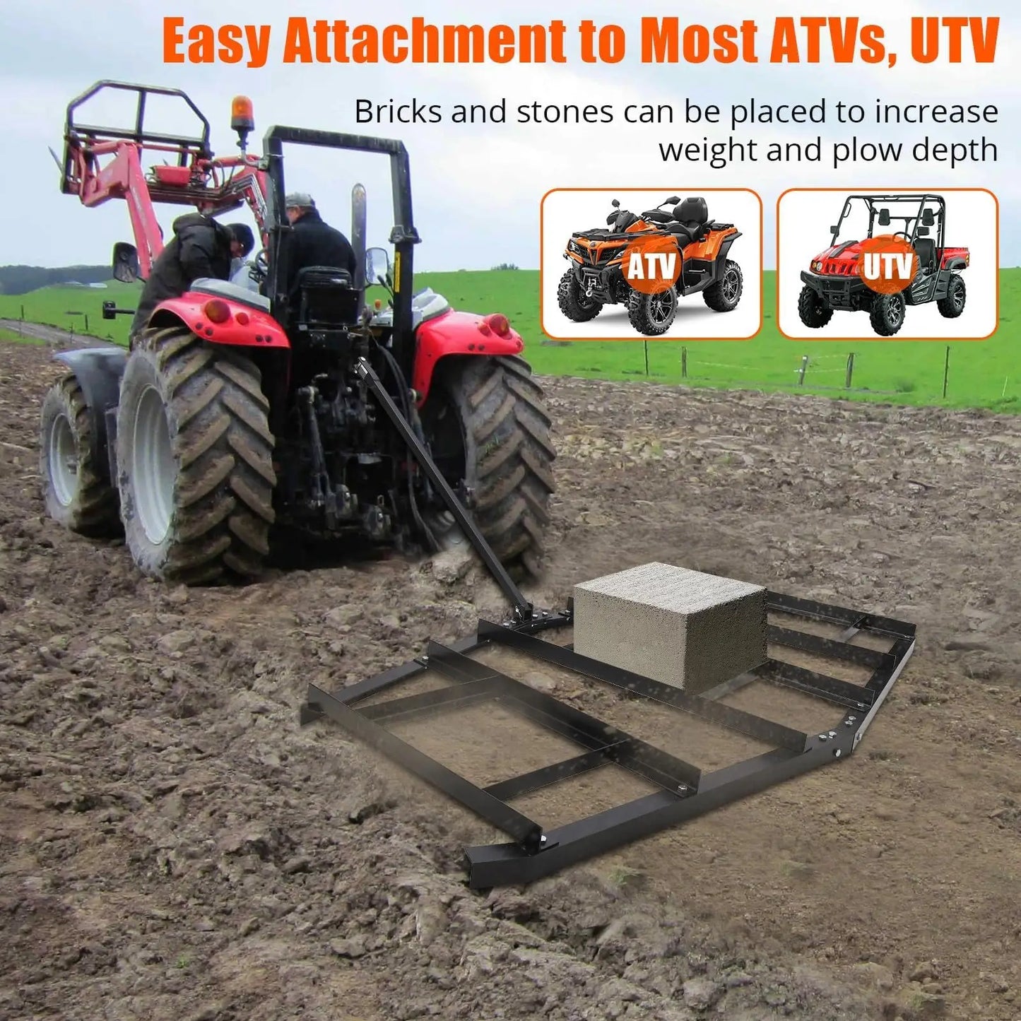74" Width Driveway Drag Heavy Duty Steel Driveway Grader for ATV UTV Garden Lawn Tractors Topdressing Spreader Tool Wide Drag Le