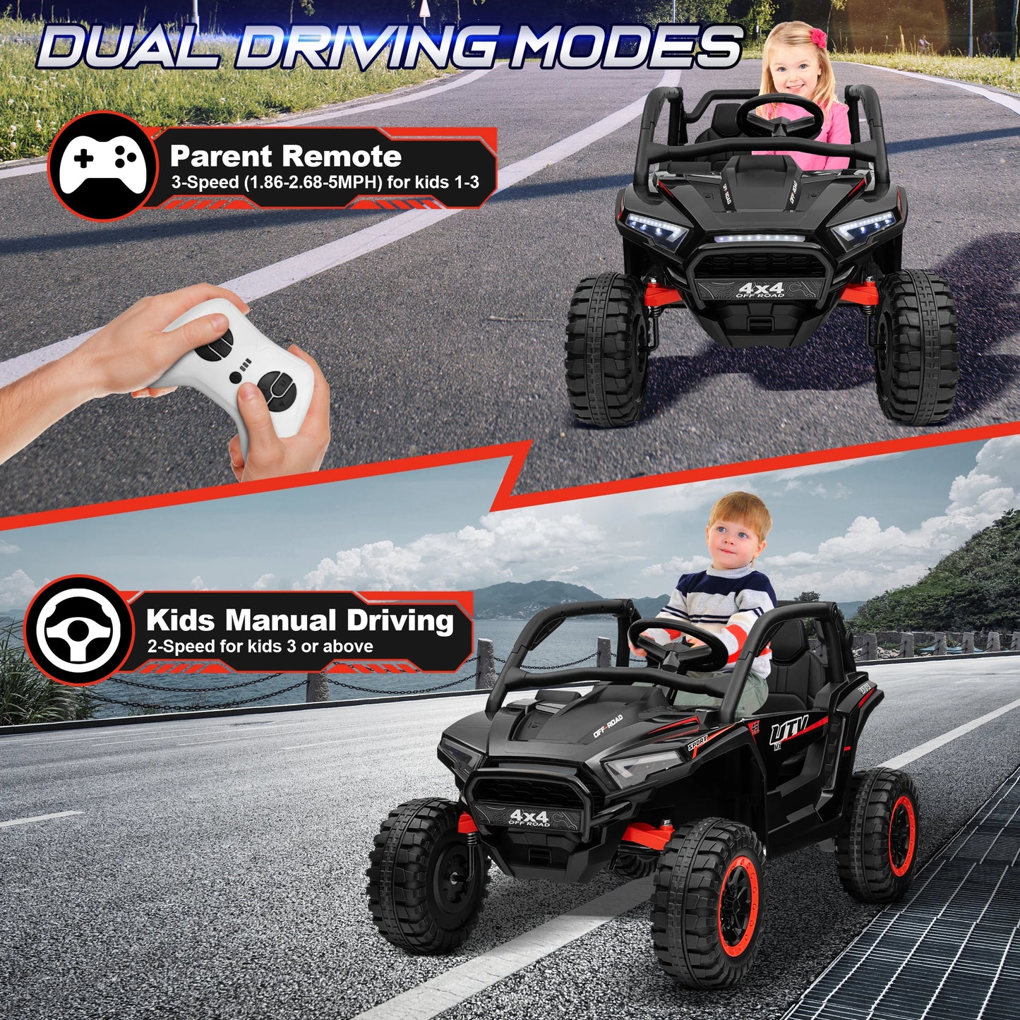 24V Ride on Car for Kids 2 Seater, 4x4 Off-Road UTV Toy w/ 3-Speed Remote Control, 4WD Powerful Motors, 18" Large Seat,