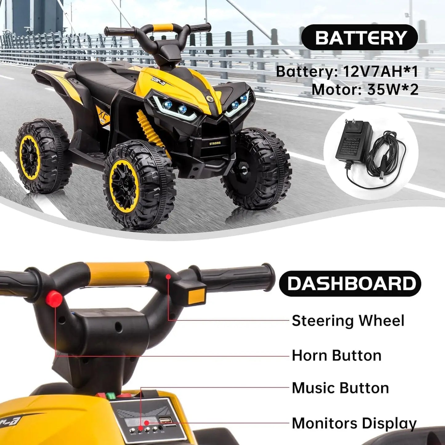 12V Kids Ride On ATV, Electric Battery, Powered Four Wheeler with Music, Led Lights, Soft Start, USB Port, and Treaded Tires
