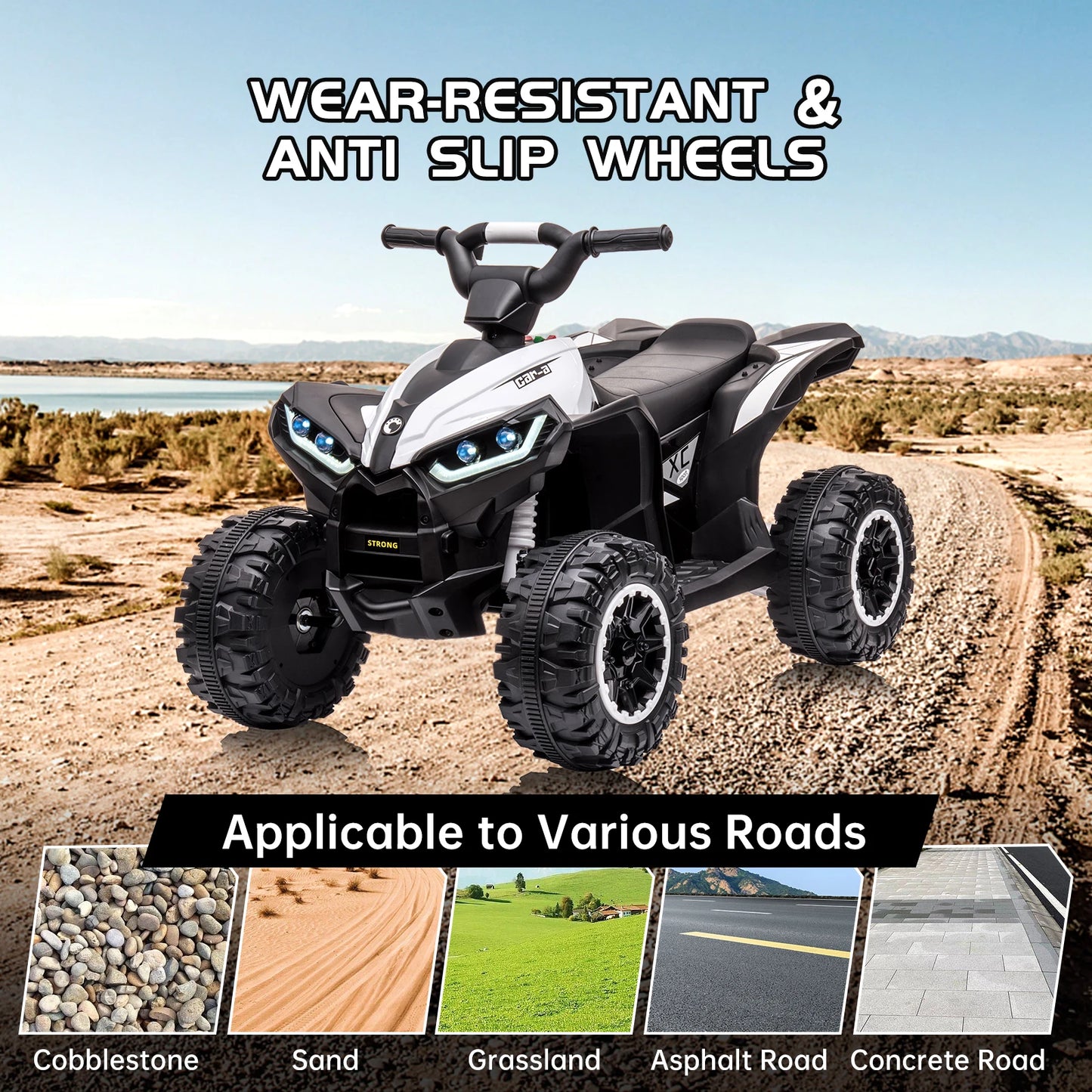 12V Kids Ride On ATV, Electric Battery, Powered Four Wheeler with Music, Led Lights, Soft Start, USB Port, and Treaded Tires