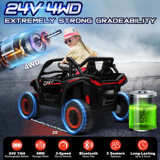 24V Ride on Car for Kids 2 Seater, 4x4 Off-Road UTV Toy w/ 3-Speed Remote Control, 4WD Powerful Motors, 18" Large Seat,